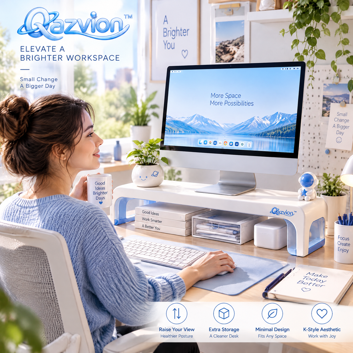 Qazvion™ White Desktop Monitor Riser with Storage — workspace styling